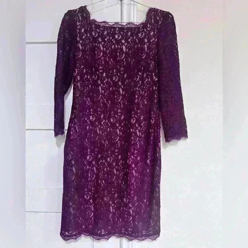 Adrianna Papell Purple Long Sleeve Lace Overlay Knee Length Dress- Size 6- EUC